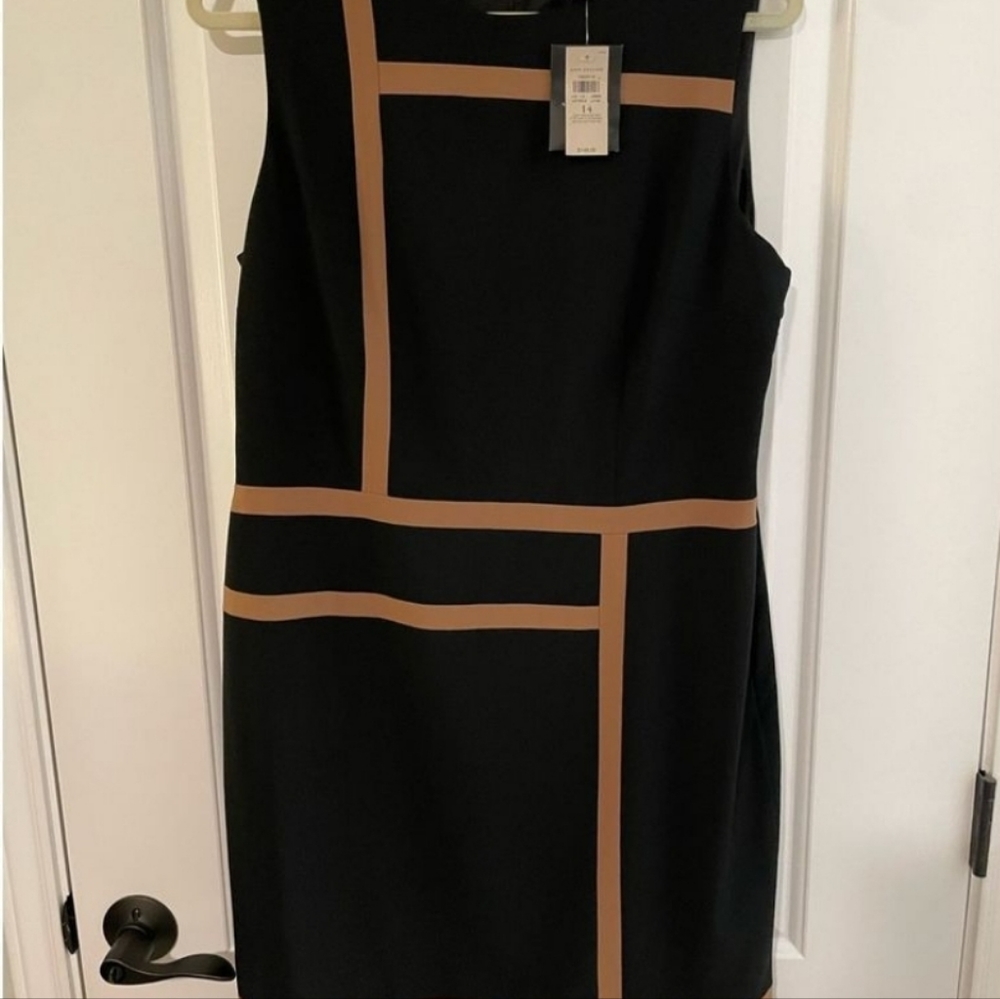 Ann Taylor Womens Sleeveless Striped Colorblock Sheath Dress Black Tan Sz 14 NWT